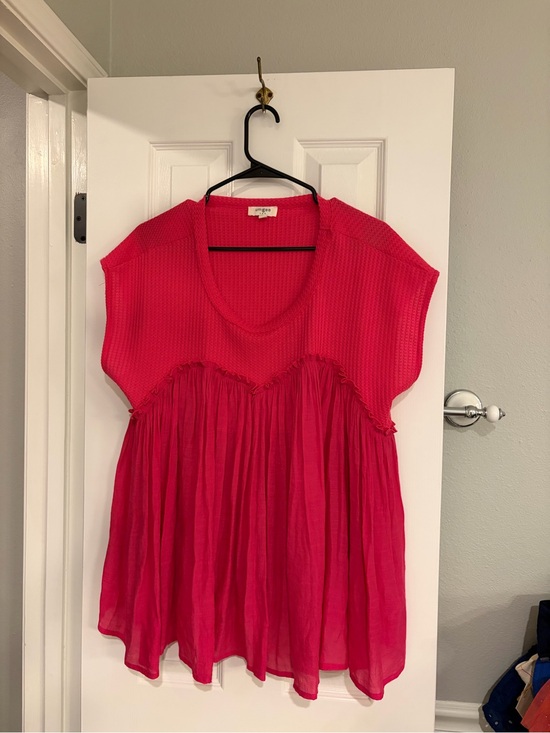 Umgee Tops - Umgee Hot Pink Babydoll Blouse Waffle Knit Gauze Top Medium